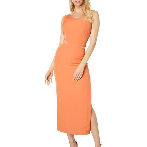 🍊 MSRP $119 Bardot Dress 'JENNA' in Peach Midi Size US 8 / Large - Picture 1 of 8